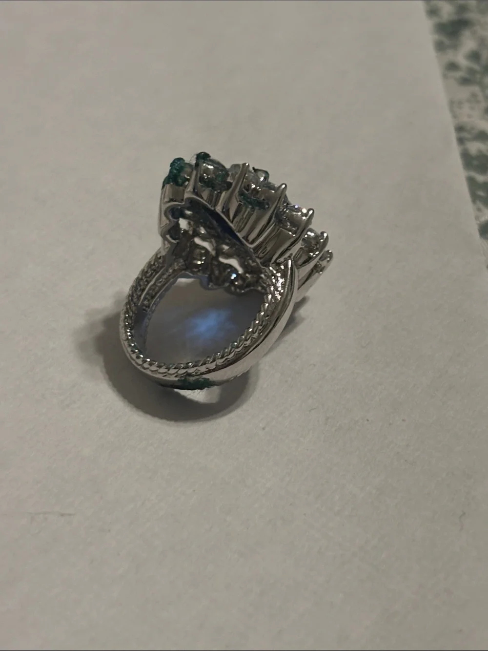 KJL Kenneth Jay Lane Faux Blue Sapphire Glass Halo Cocktail Ring Silver Tone 7.5